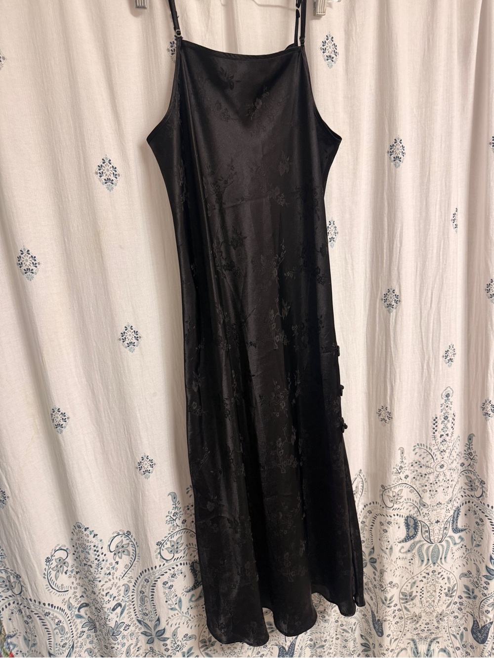 🔥Vintage 90s Erika Taylor Intimates Black Satin Jacquard Cheongsam Slip Dress 🔥